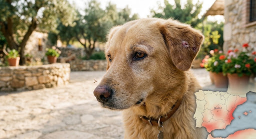 Perro con síntomas de leishmaniosis junto a mapa de zonas endémicas en España